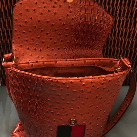 Ostrich look Brown Gucci Stripe Purse w Pearl Bee - Picture 3 of 3